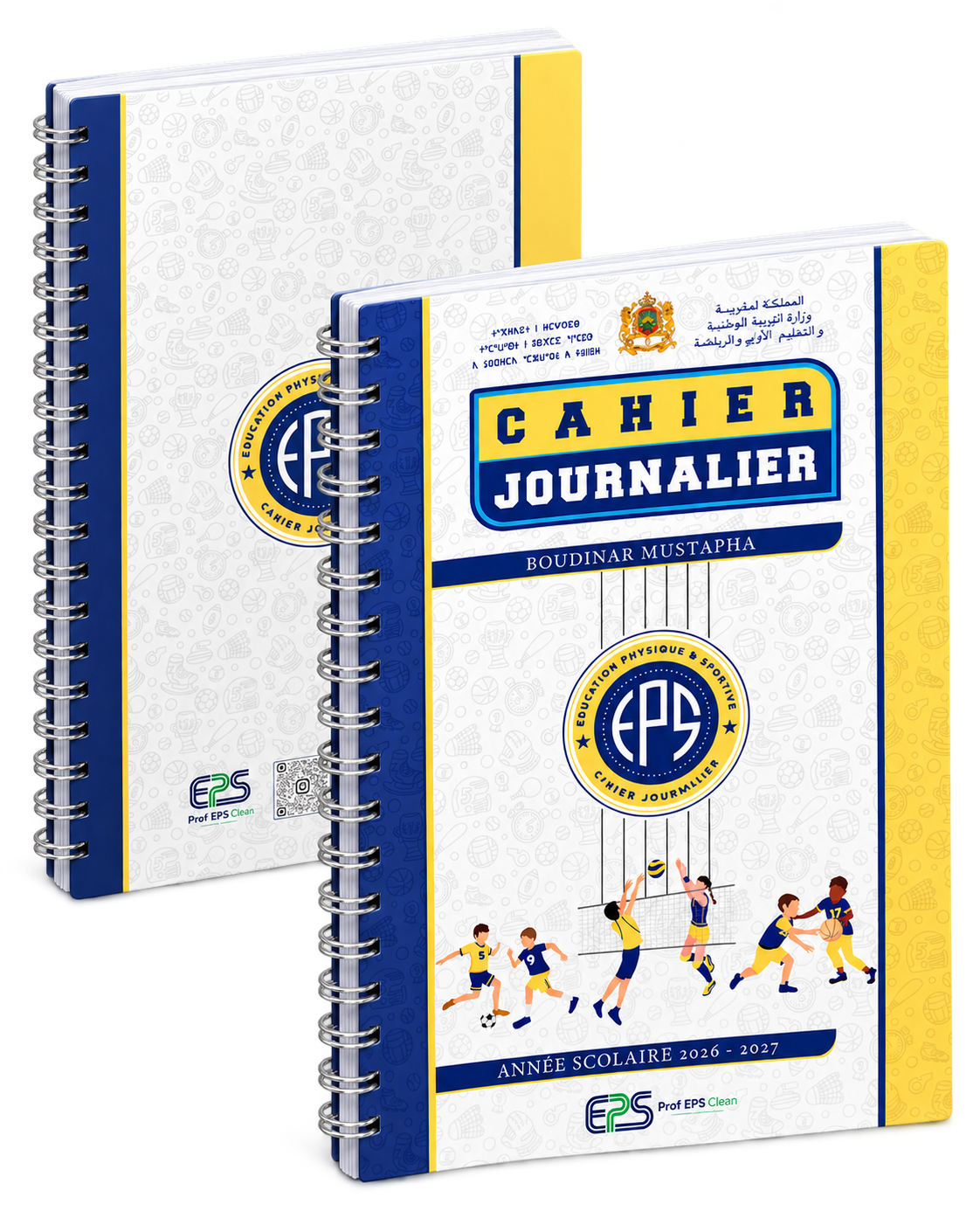 Cahier EPS personnalisé à spirale présenté avec ses couvertures avant et arrière